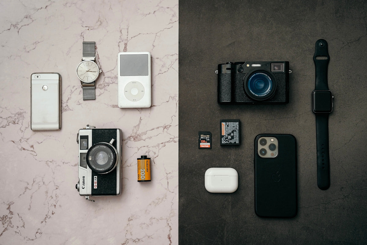 Classic and modern tech gadgets displayed side-by-side.