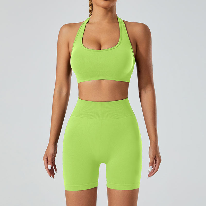 Set Deportivo Yoga Mujer Sin Costuras 90% Nylon 10% Spandex Sports Bra + Shorts V-Neck Halter Moisture-Wicking 12 Colores S-L | Women Seamless Yoga Sports Set