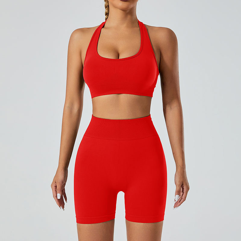 Set Deportivo Yoga Mujer Sin Costuras 90% Nylon 10% Spandex Sports Bra + Shorts V-Neck Halter Moisture-Wicking 12 Colores S-L | Women Seamless Yoga Sports Set