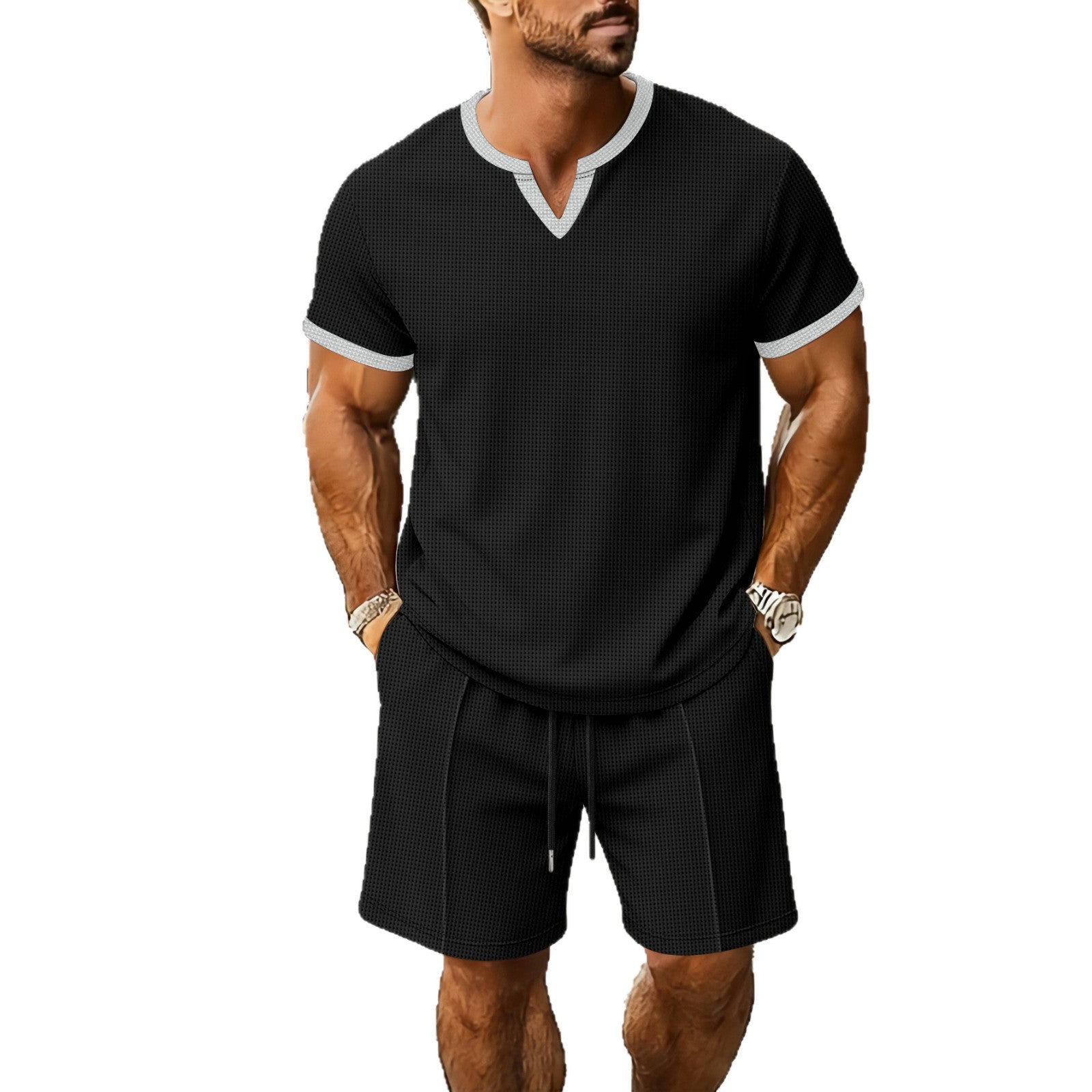 Conjunto Deportivo Hombre Camiseta Cuello V + Shorts Textura Waffle – S a XXXL