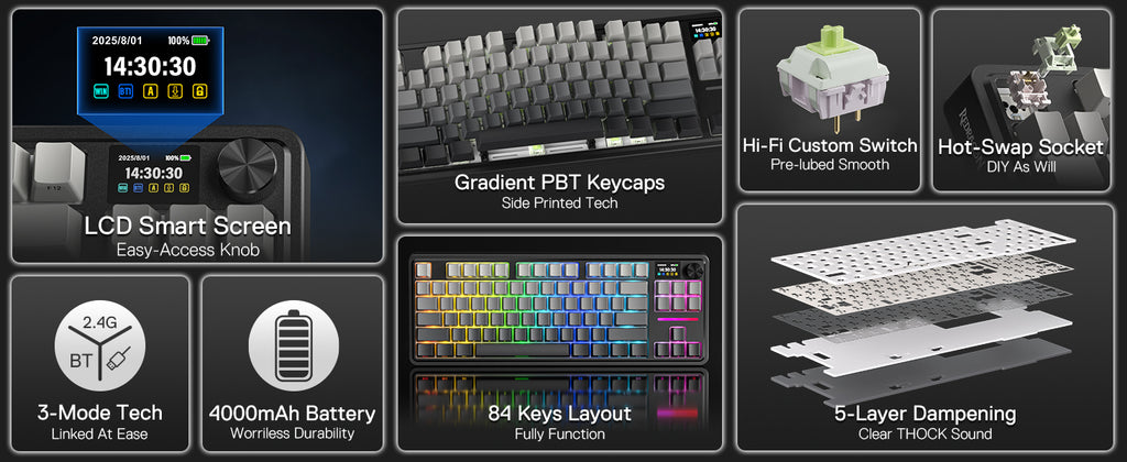 Teclado Mecánico Gaming Redragon K743 PRO | 80% TKL | Gasket RGB | Pantalla TFT | 3 Modos | Redragon K743 PRO 80% TKL Gasket Mechanical Gaming Keyboard RGB TFT Screen 3-Mode