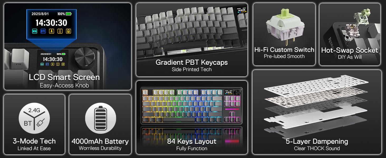 Teclado Mecánico Gaming Redragon K743 PRO | 80% TKL | Gasket RGB | Pantalla TFT | 3 Modos | Redragon K743 PRO 80% TKL Gasket Mechanical Gaming Keyboard RGB TFT Screen 3-Mode
