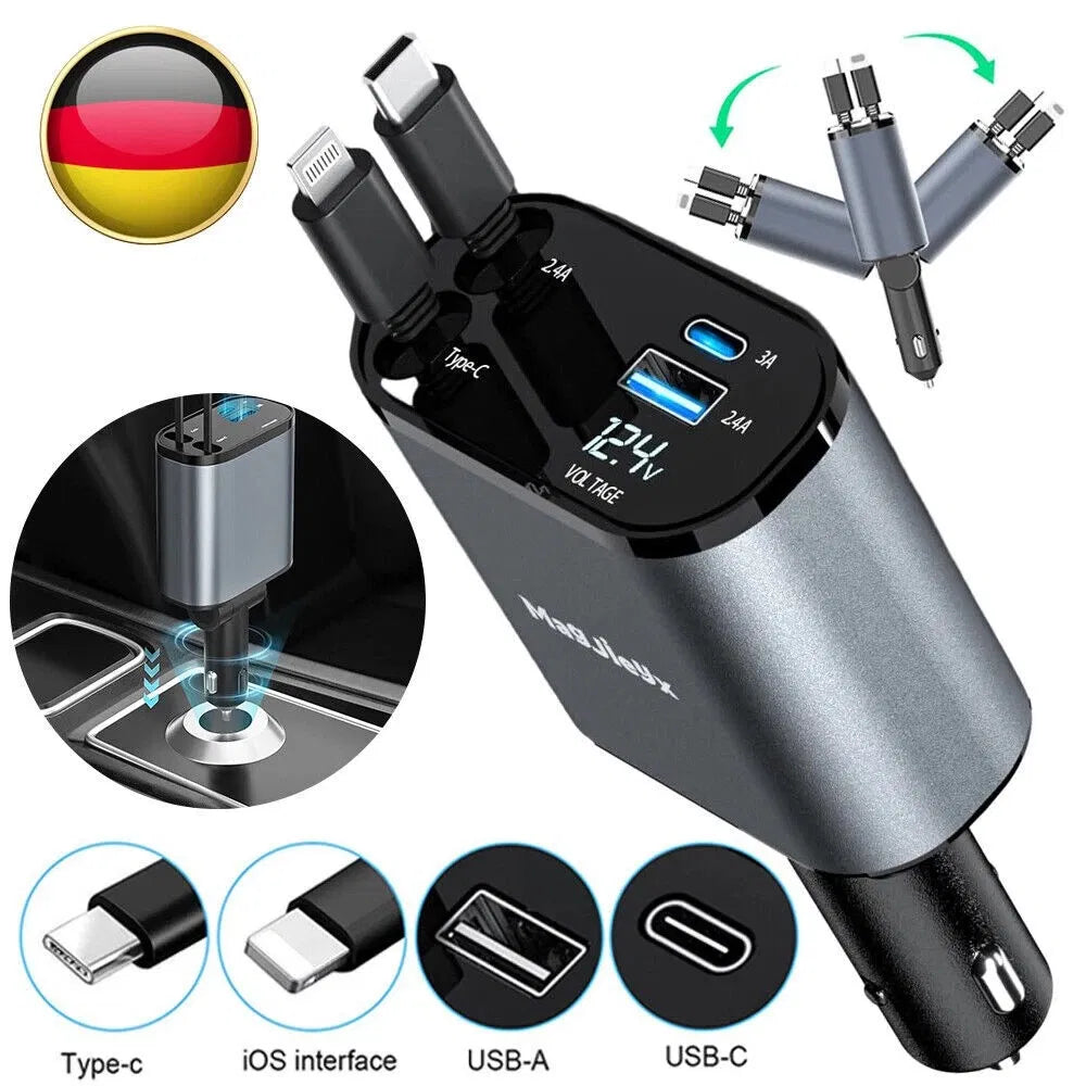 Cargador Rápido Retráctil para Auto 4 en 1 – 60W con Cables Tipo C, iOS, USB-C y USB-A