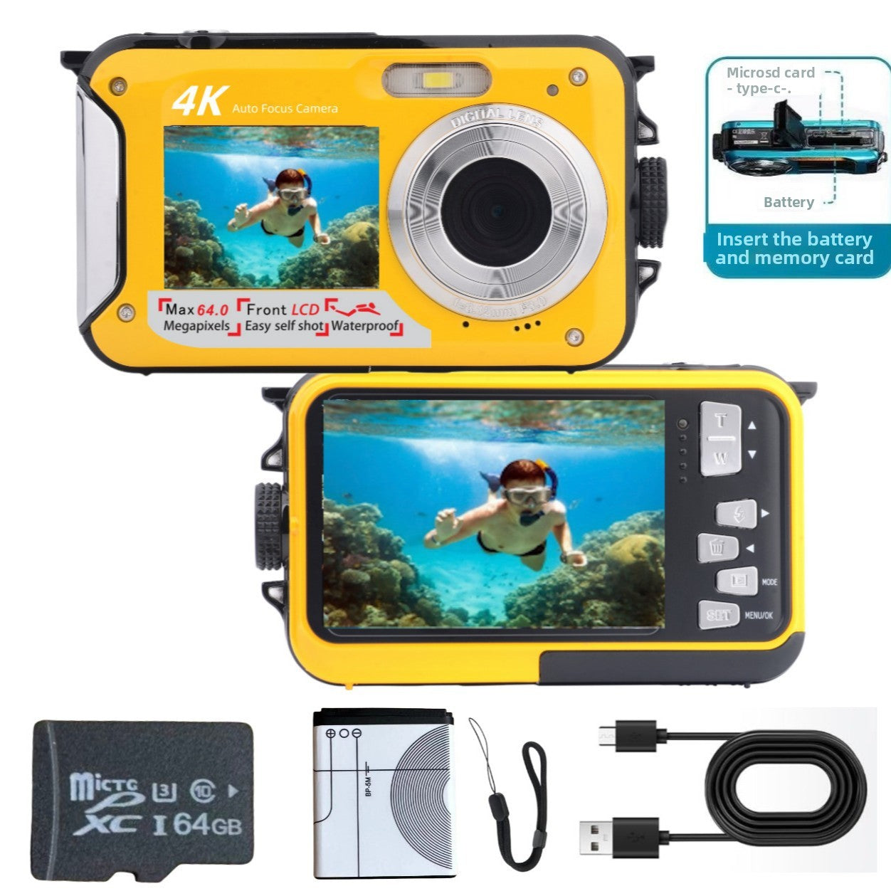 Cámara Digital 4K Dual Screen Resistente al Agua – 64MP, Autofocus, Zoom 16x, Hasta 128GB