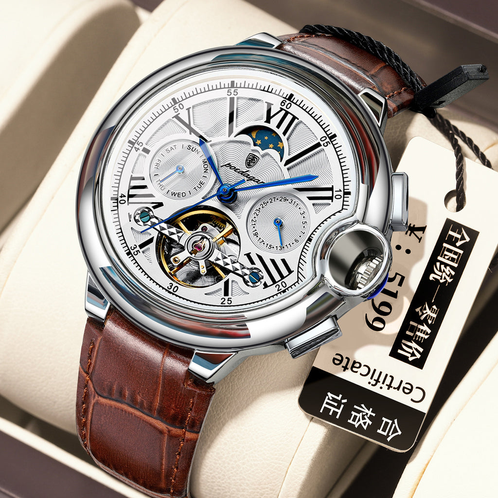 Reloj Mecánico Automático Tourbillon con Fase Lunar – Cristal Zafiro, 50m, 4 Colores
