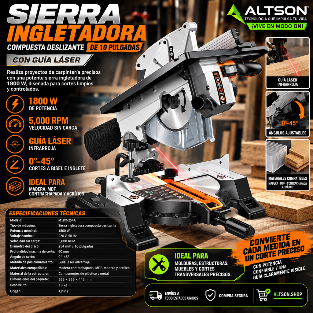 10-Inch Compound Miter Saw | Laser Guide | 1800W