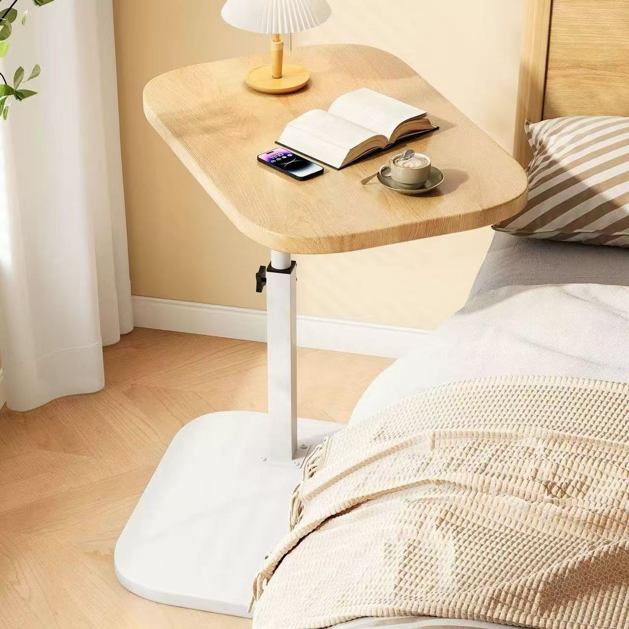 Mesa Auxiliar de Sofá | Madera Sólida | Altura Ajustable 45-80cm | Con Ruedas