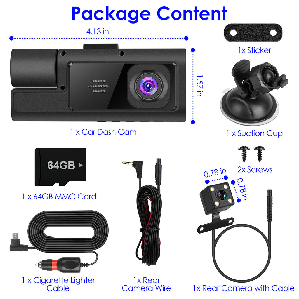 Cámara de Auto 3 Canales ALTSON — FHD 1080P WiFi con Tarjeta 64GB Incluida