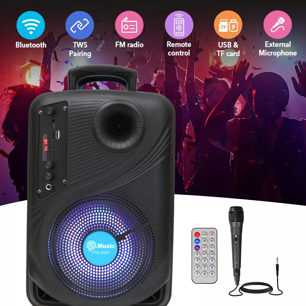 Altavoz Bluetooth 8" Subwoofer con Karaoke, Luces LED y TWS – ALTSON