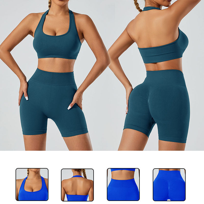 Set Deportivo Yoga Mujer Sin Costuras 90% Nylon 10% Spandex Sports Bra + Shorts V-Neck Halter Moisture-Wicking 12 Colores S-L | Women Seamless Yoga Sports Set