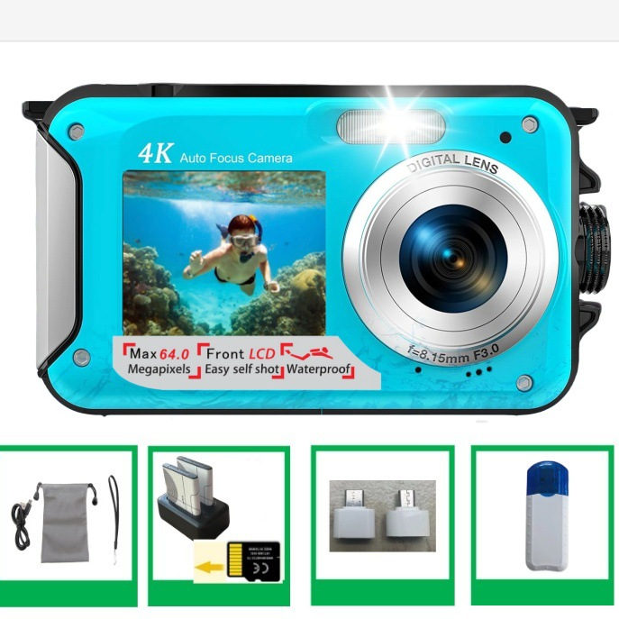 Cámara Digital 4K Dual Screen Resistente al Agua – 64MP, Autofocus, Zoom 16x, Hasta 128GB