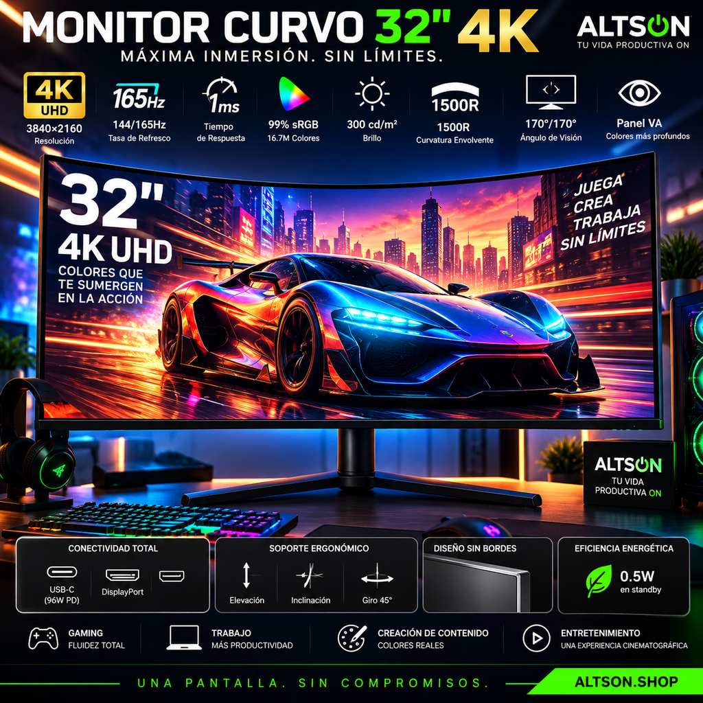 32-Inch 4K Curved Gaming Monitor | 165Hz 1ms VA Panel | USB-C & DP