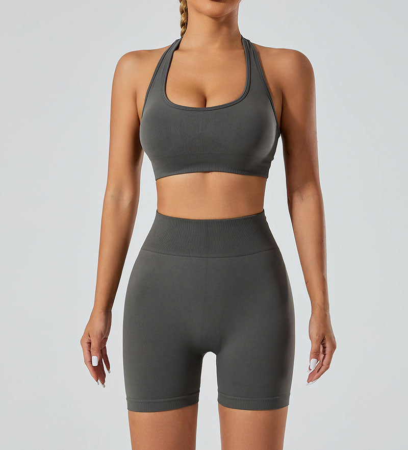 Set Deportivo Yoga Mujer Sin Costuras 90% Nylon 10% Spandex Sports Bra + Shorts V-Neck Halter Moisture-Wicking 12 Colores S-L | Women Seamless Yoga Sports Set