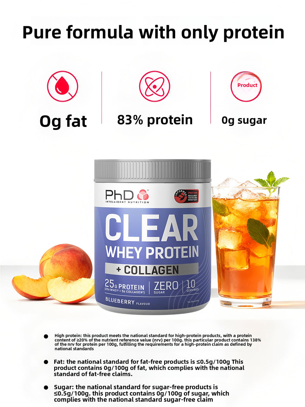 Proteína en Polvo con Colágeno 300g Sin Azúcar | Clear Whey Protein Collagen Powder