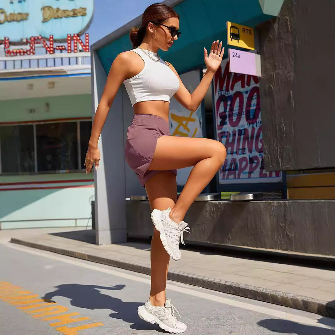 Shorts Deportivos Mujer Cintura Alta Tela Elástica Anti-Exposición S-XXXL | Women High Waist Sport Shorts