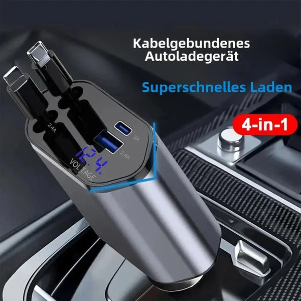 Cargador Rápido Retráctil para Auto 4 en 1 – 60W con Cables Tipo C, iOS, USB-C y USB-A