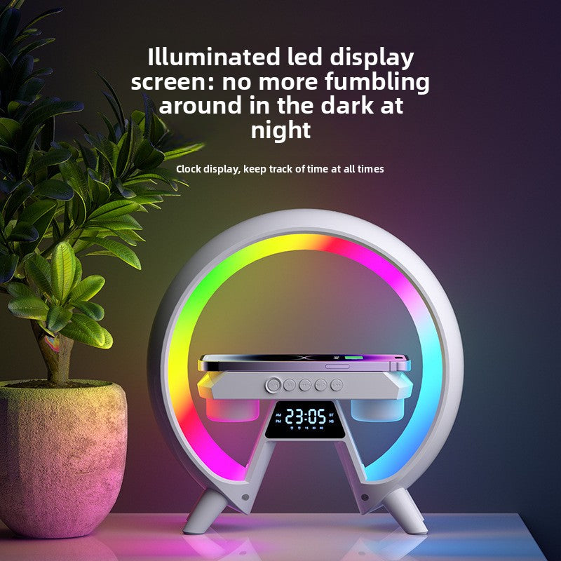 Altavoz Bluetooth 15W con Carga Inalámbrica, Luz Nocturna y Alarma | 15W Bluetooth Speaker with Wireless Charging & Night Light