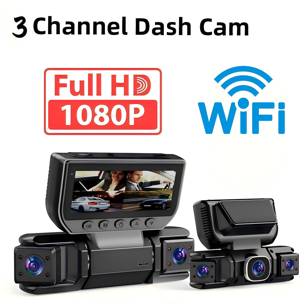 Dashcam para Vehículo con Múltiples Lentes y WiFi – 1080P, Visión Nocturna, Grabación en Bucle