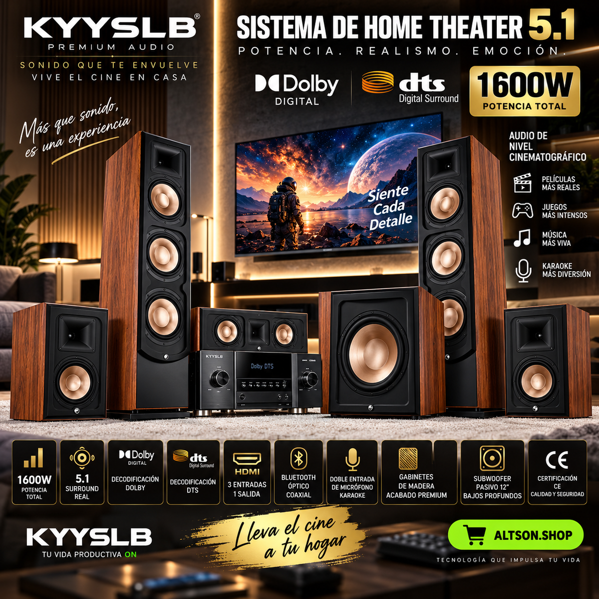 KYYSLB 5.1 Home Theater Audio System | 1600W | DTS Dolby | 12" Subwoofer | Wood Speakers