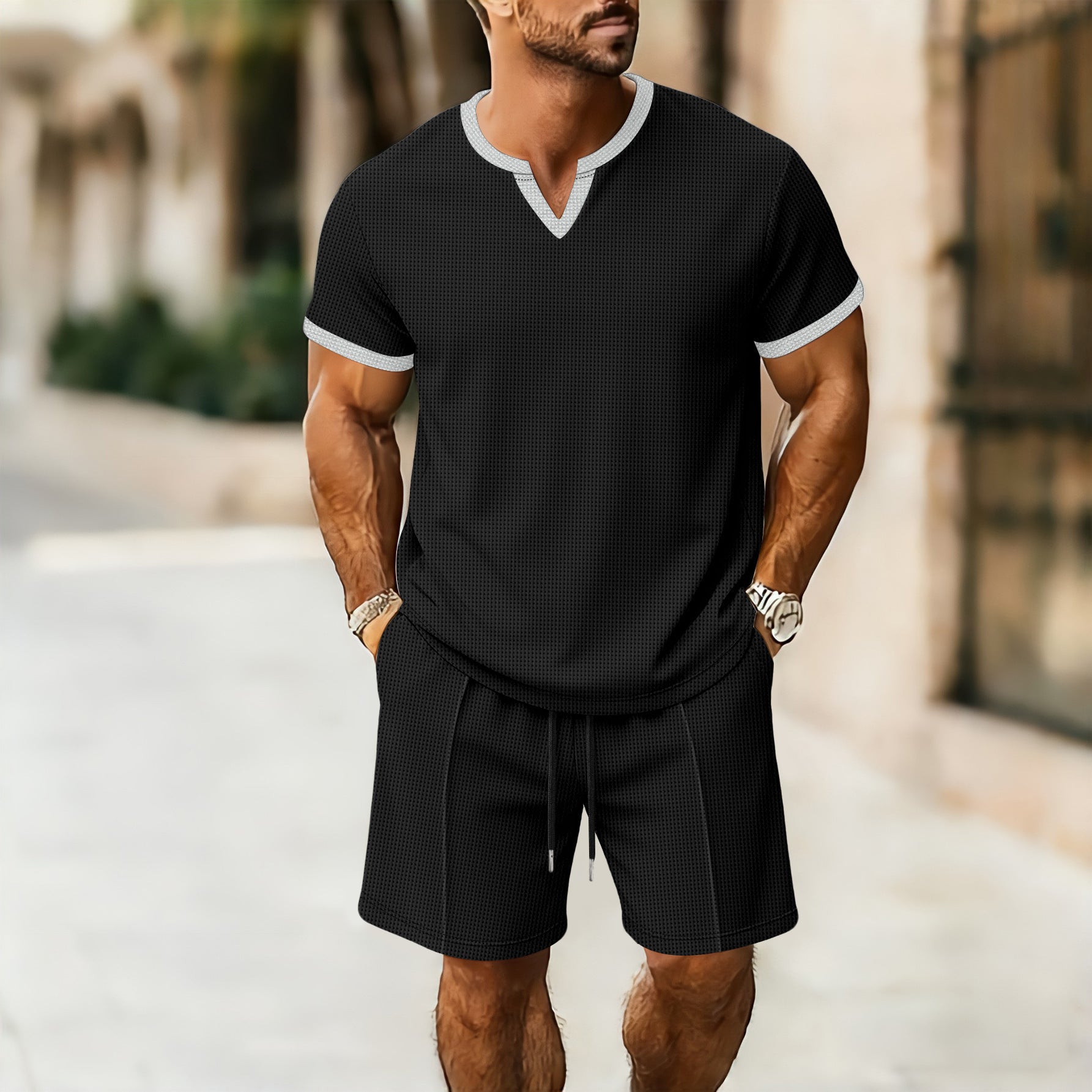Conjunto Deportivo Hombre Camiseta Cuello V + Shorts Textura Waffle – S a XXXL