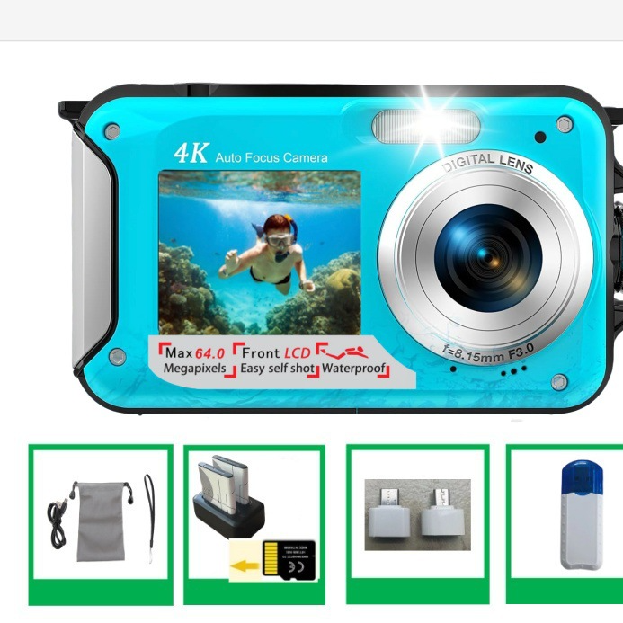 Cámara Digital 4K Dual Screen Resistente al Agua – 64MP, Autofocus, Zoom 16x, Hasta 128GB
