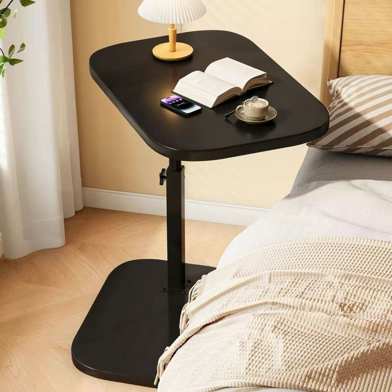 Mesa Auxiliar de Sofá | Madera Sólida | Altura Ajustable 45-80cm | Con Ruedas