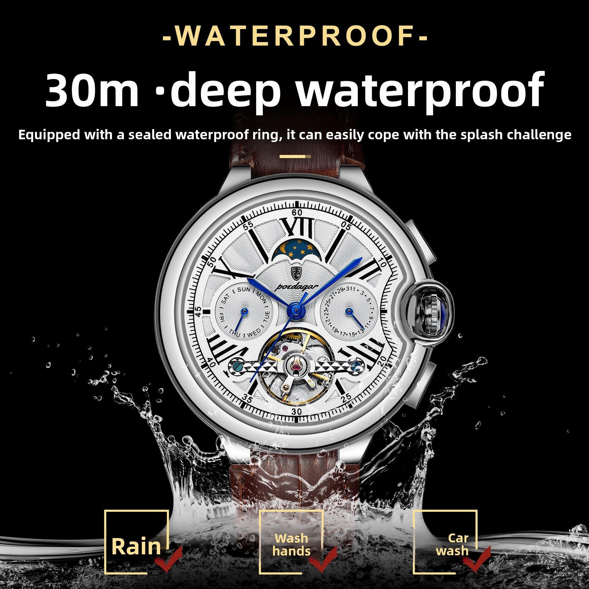 Reloj Mecánico Automático Tourbillon con Fase Lunar – Cristal Zafiro, 50m, 4 Colores