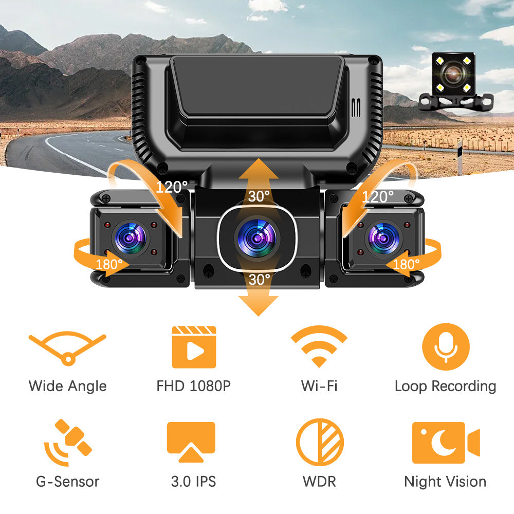 Dashcam para Vehículo con Múltiples Lentes y WiFi – 1080P, Visión Nocturna, Grabación en Bucle