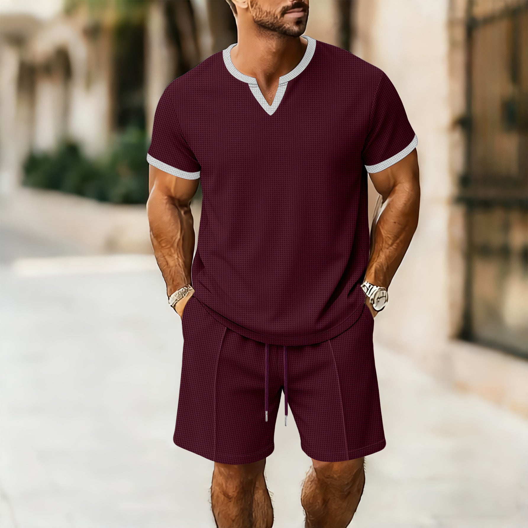 Conjunto Deportivo Hombre Camiseta Cuello V + Shorts Textura Waffle – S a XXXL