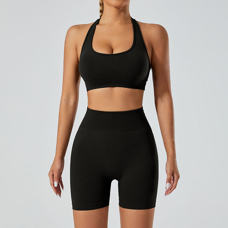 Set Deportivo Yoga Mujer Sin Costuras 90% Nylon 10% Spandex Sports Bra + Shorts V-Neck Halter Moisture-Wicking 12 Colores S-L | Women Seamless Yoga Sports Set