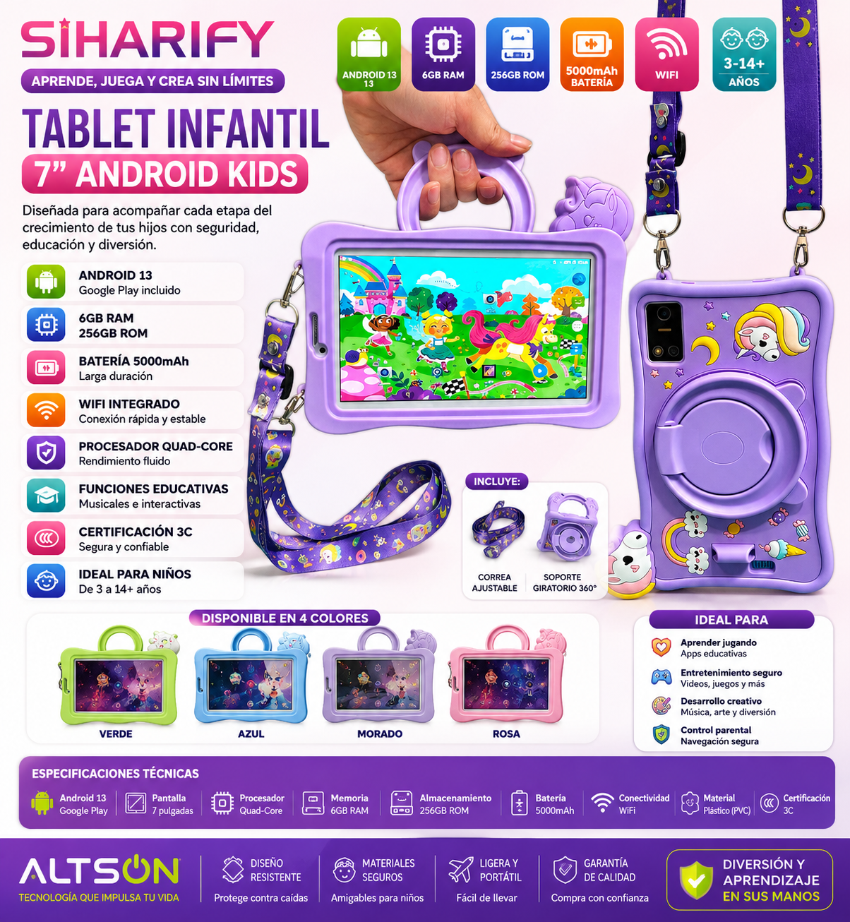Tablet Infantil SIHARIFY 7" | Android 13 | 6GB RAM + 256GB | Quad-Core | WiFi | 5000mAh | Educativa | 4 Colores