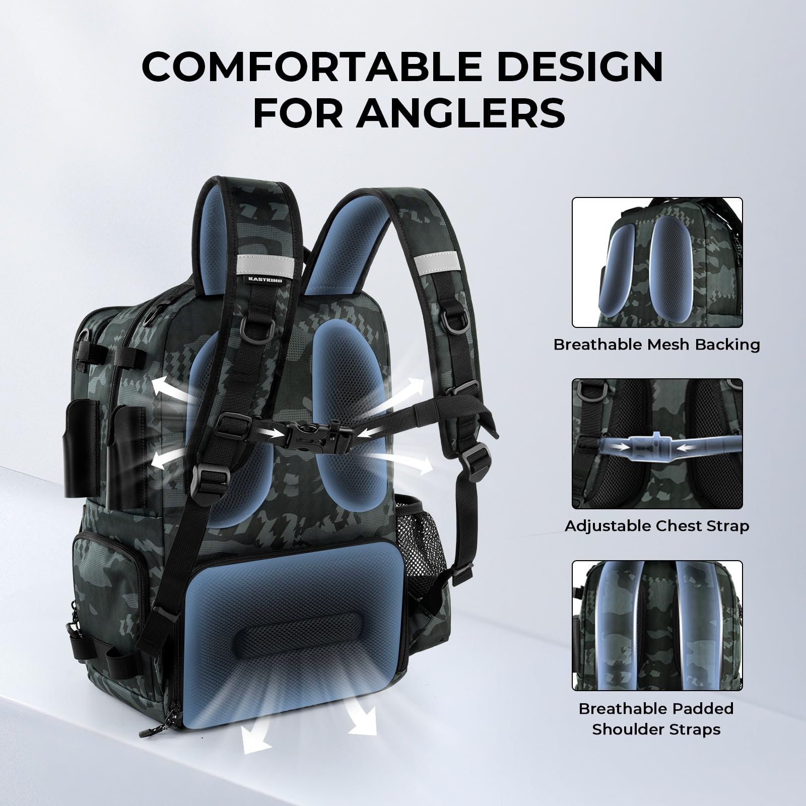 KastKing BaitSpace Mochila de Pesca 50L | Sistema Intercambiable, 2 Soportes para Cañas