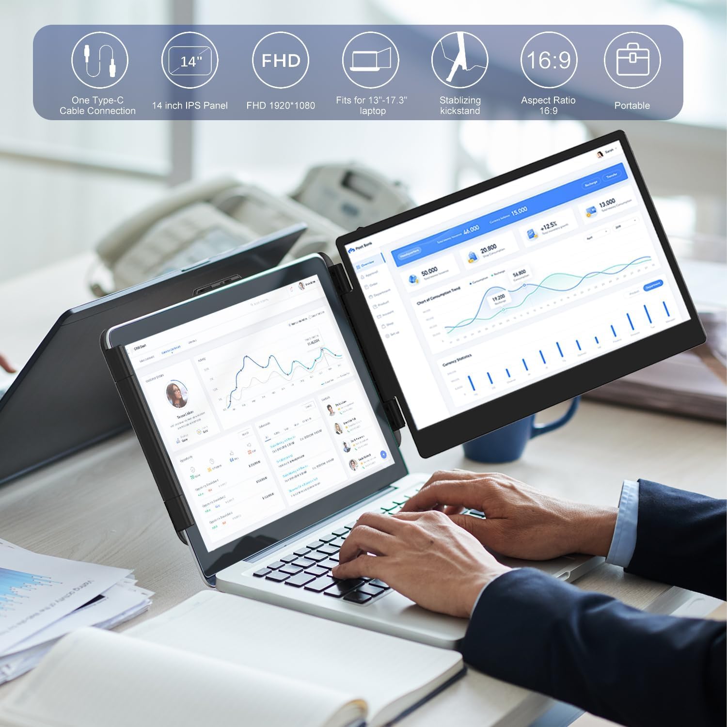 Laptop Screen Extender | 14" to 15.6" | FHD 1080P IPS | Dual & Triple Screen | USB-C HDMI