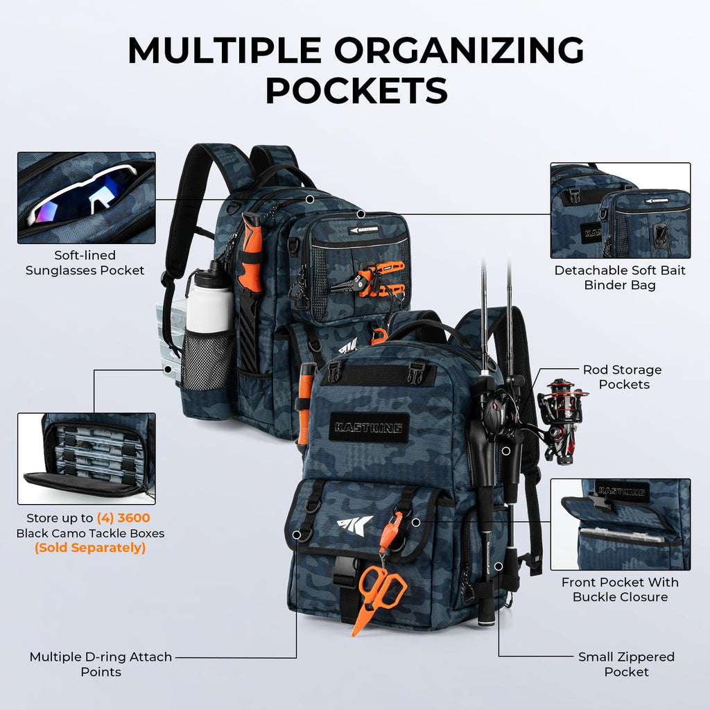KastKing BaitSpace Mochila de Pesca 50L | Sistema Intercambiable, 2 Soportes para Cañas