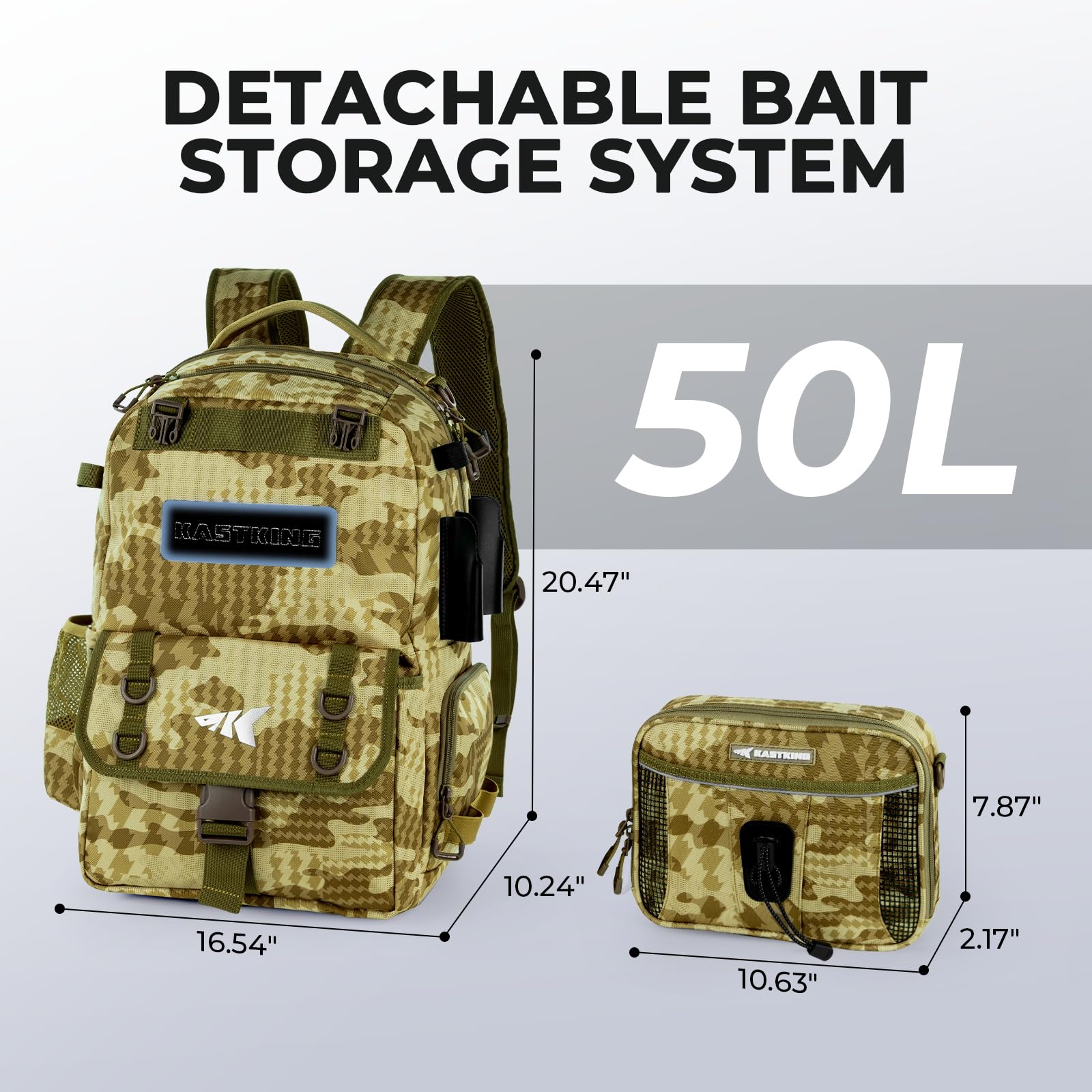 KastKing BaitSpace Mochila de Pesca 50L | Sistema Intercambiable, 2 Soportes para Cañas