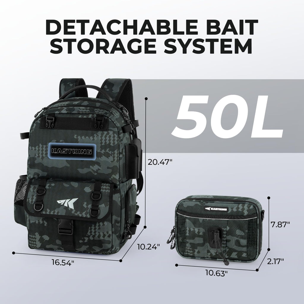 KastKing BaitSpace Mochila de Pesca 50L | Sistema Intercambiable, 2 Soportes para Cañas