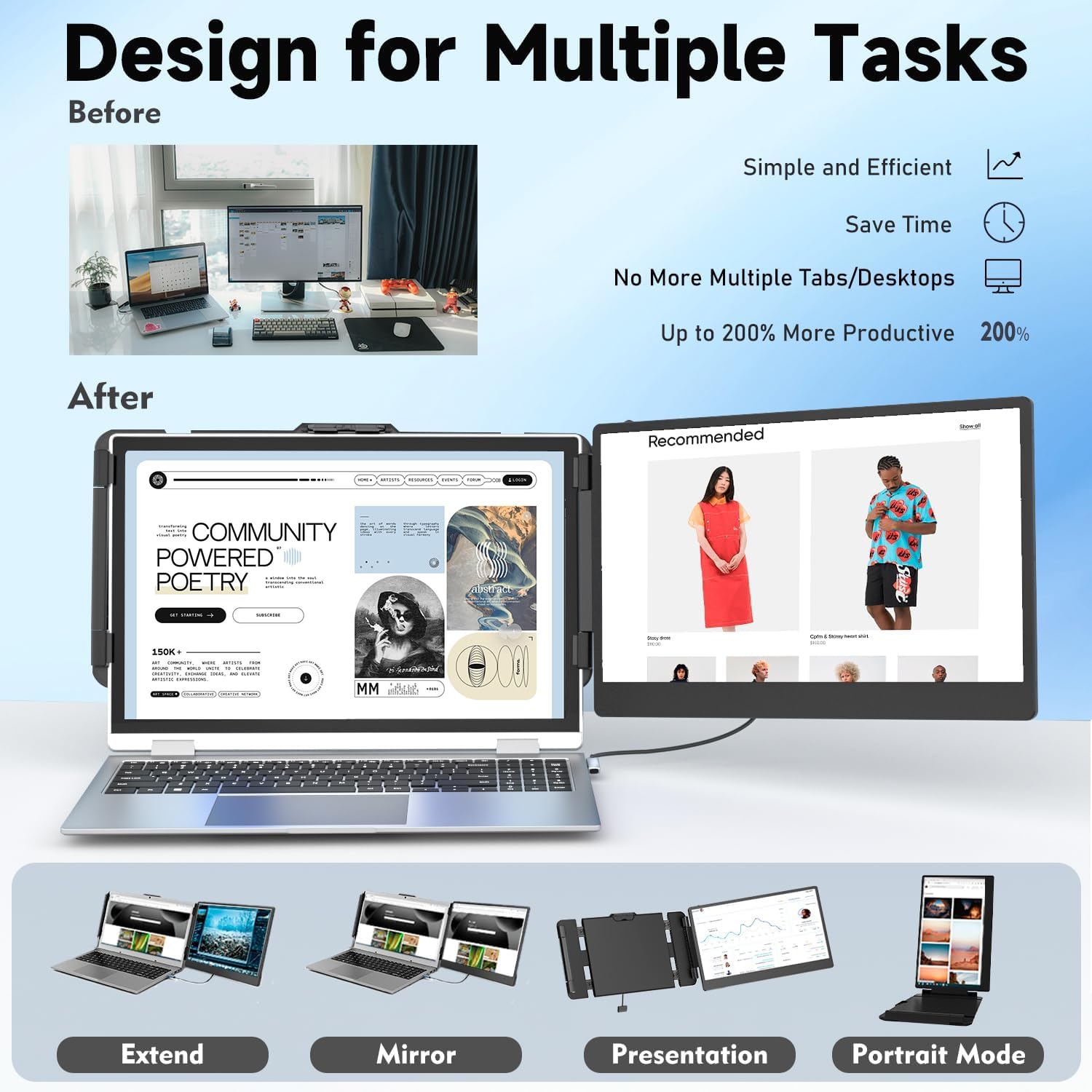 Laptop Screen Extender | 14" to 15.6" | FHD 1080P IPS | Dual & Triple Screen | USB-C HDMI