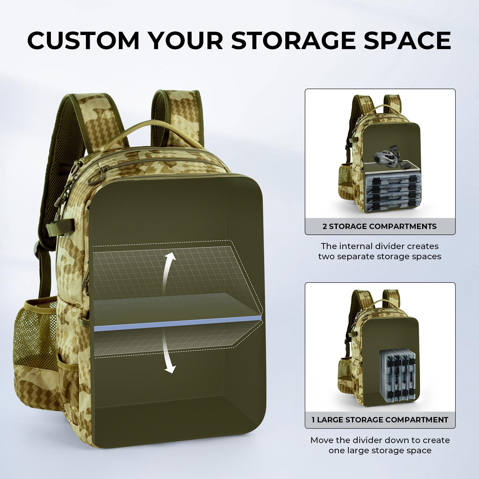 KastKing BaitSpace Mochila de Pesca 50L | Sistema Intercambiable, 2 Soportes para Cañas