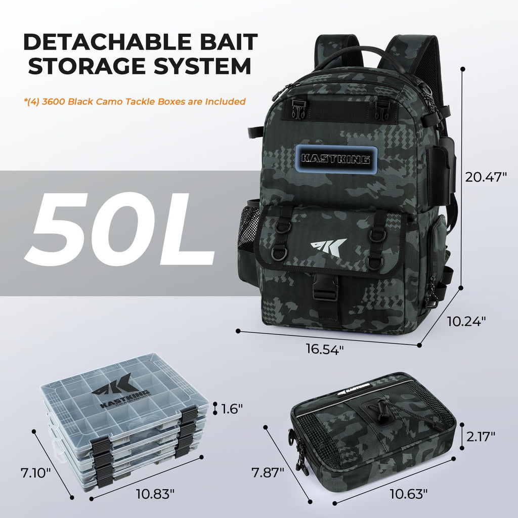 KastKing BaitSpace Mochila de Pesca 50L | Sistema Intercambiable, 2 Soportes para Cañas