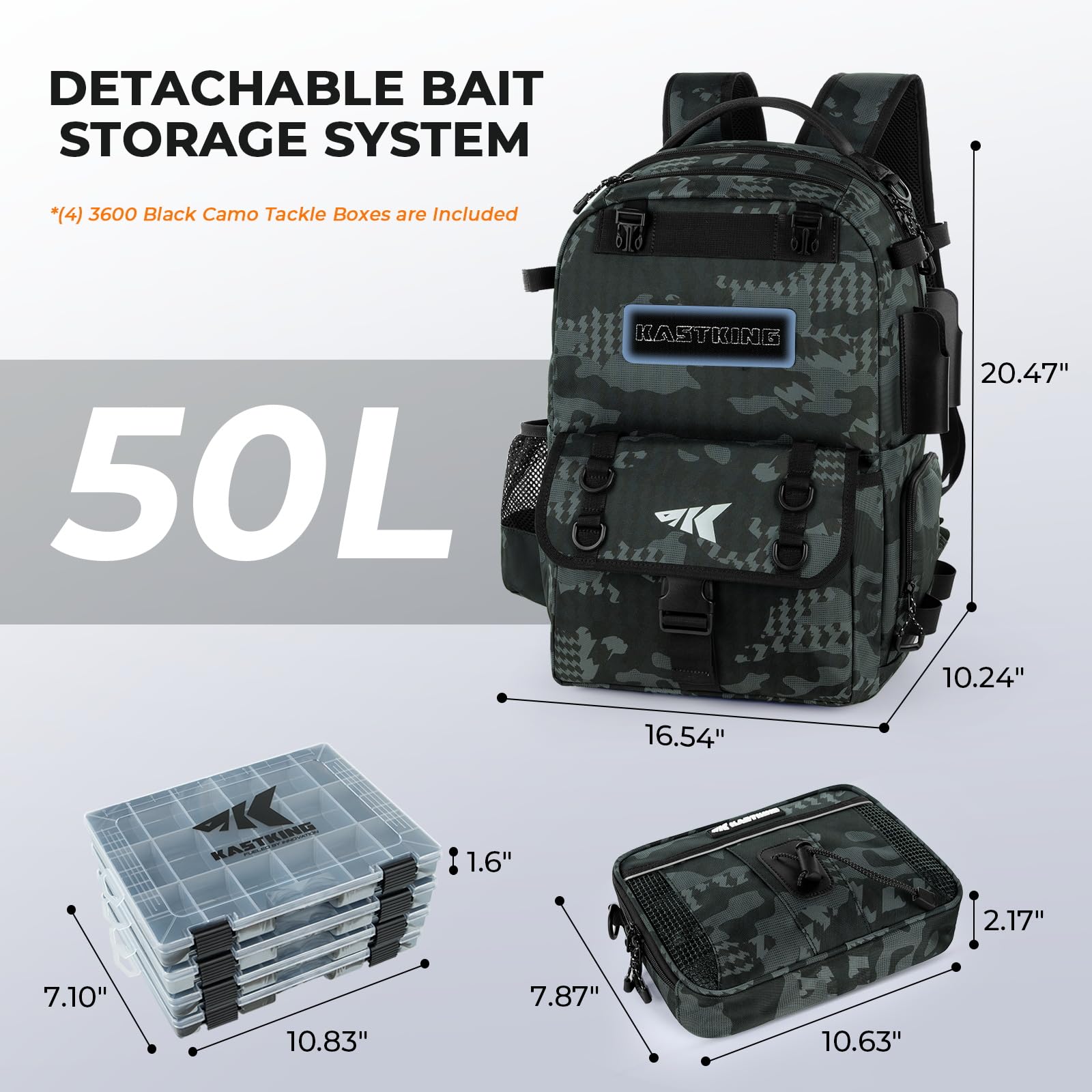 KastKing BaitSpace Mochila de Pesca 50L | Sistema Intercambiable, 2 Soportes para Cañas
