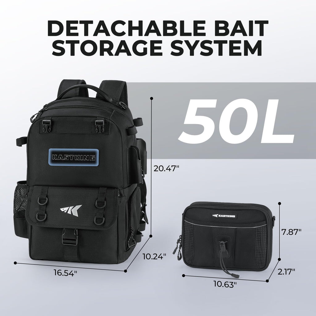 KastKing BaitSpace Mochila de Pesca 50L | Sistema Intercambiable, 2 Soportes para Cañas