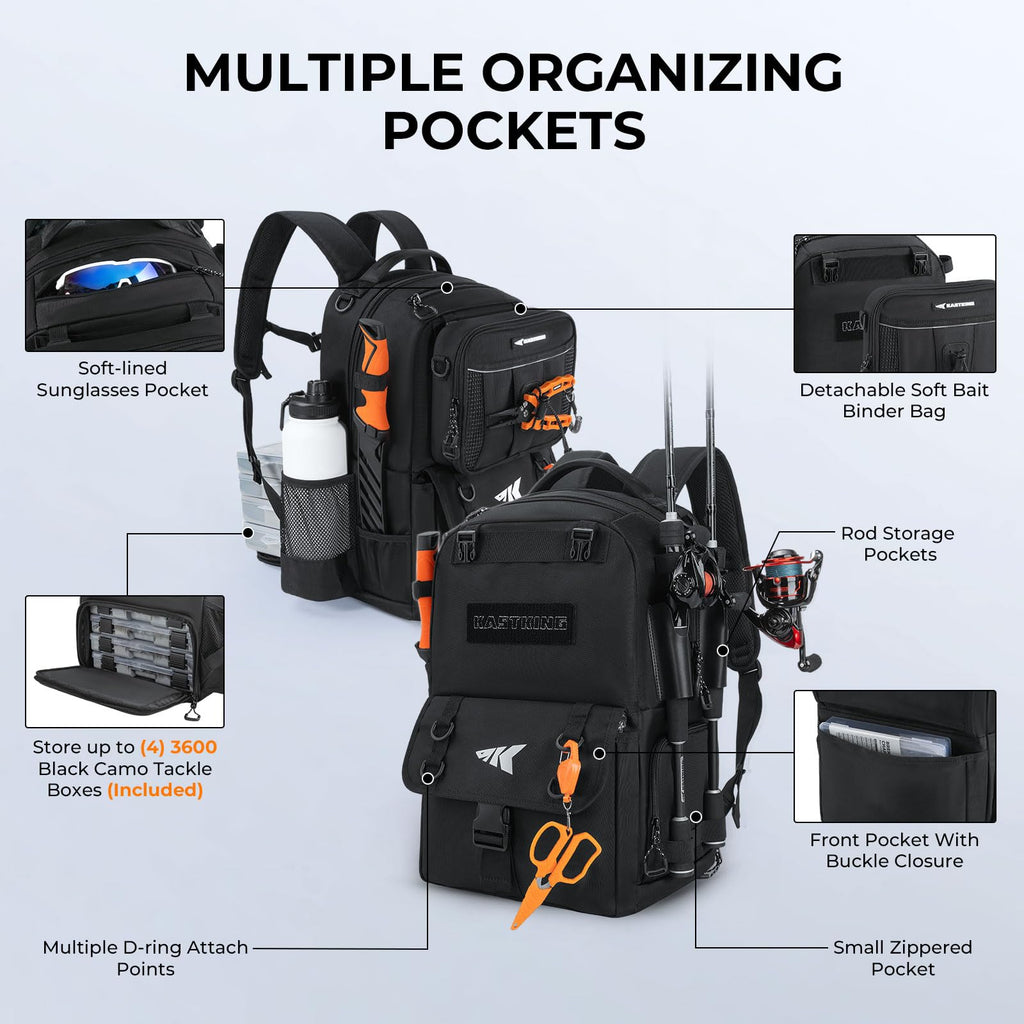KastKing BaitSpace Mochila de Pesca 50L | Sistema Intercambiable, 2 Soportes para Cañas
