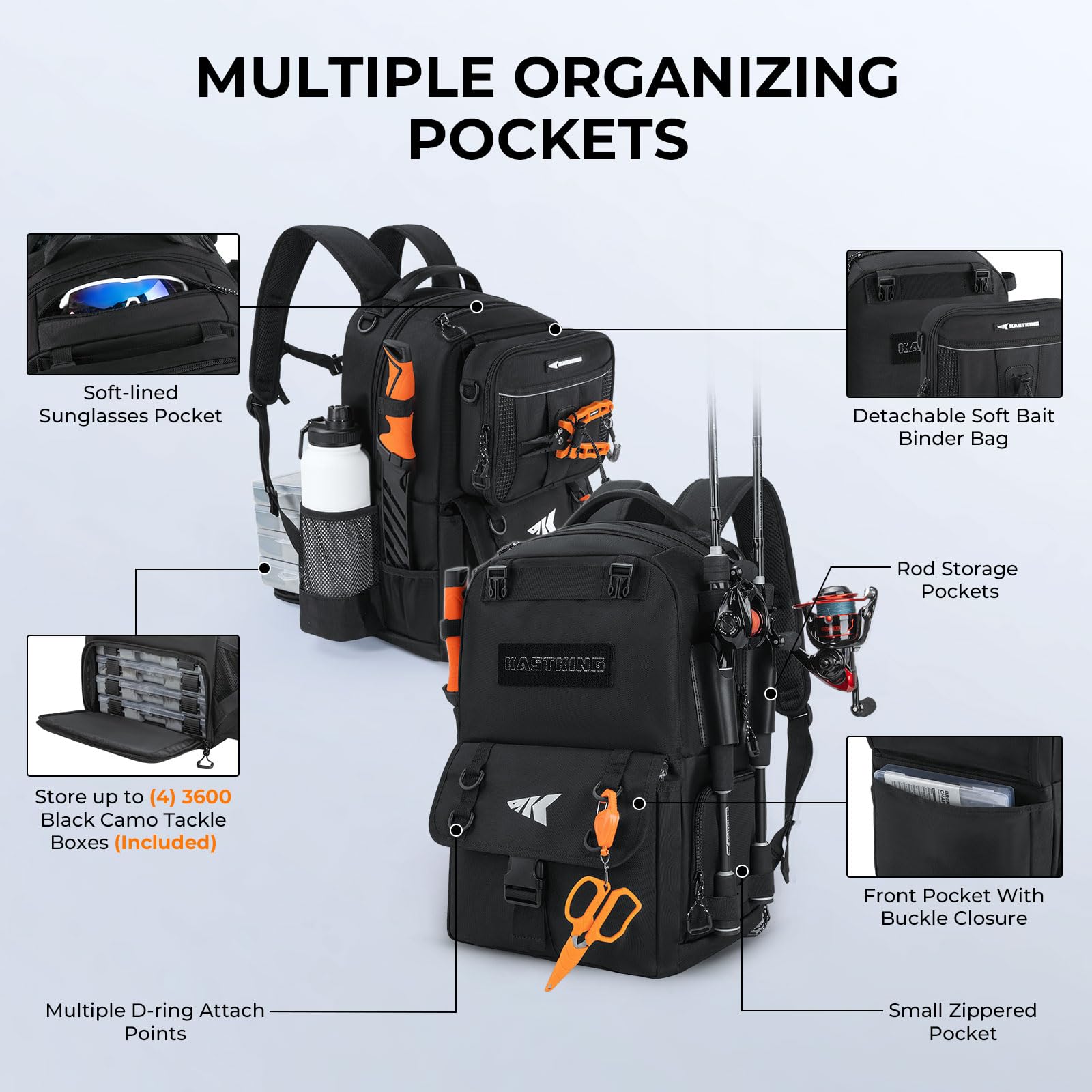 KastKing BaitSpace Mochila de Pesca 50L | Sistema Intercambiable, 2 Soportes para Cañas