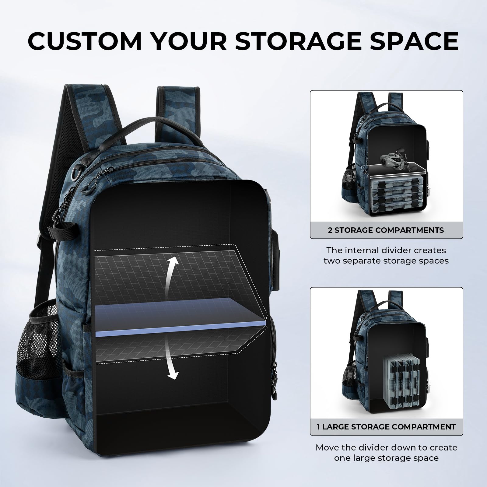 KastKing BaitSpace Mochila de Pesca 50L | Sistema Intercambiable, 2 Soportes para Cañas