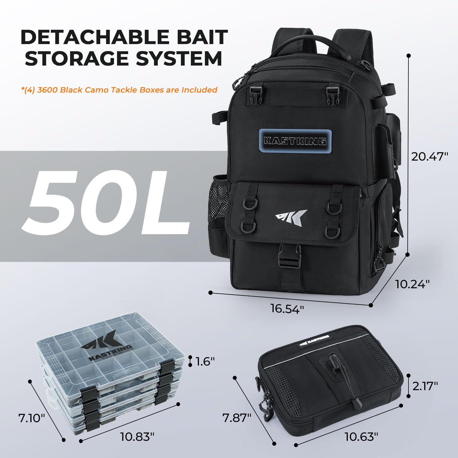 KastKing BaitSpace Mochila de Pesca 50L | Sistema Intercambiable, 2 Soportes para Cañas
