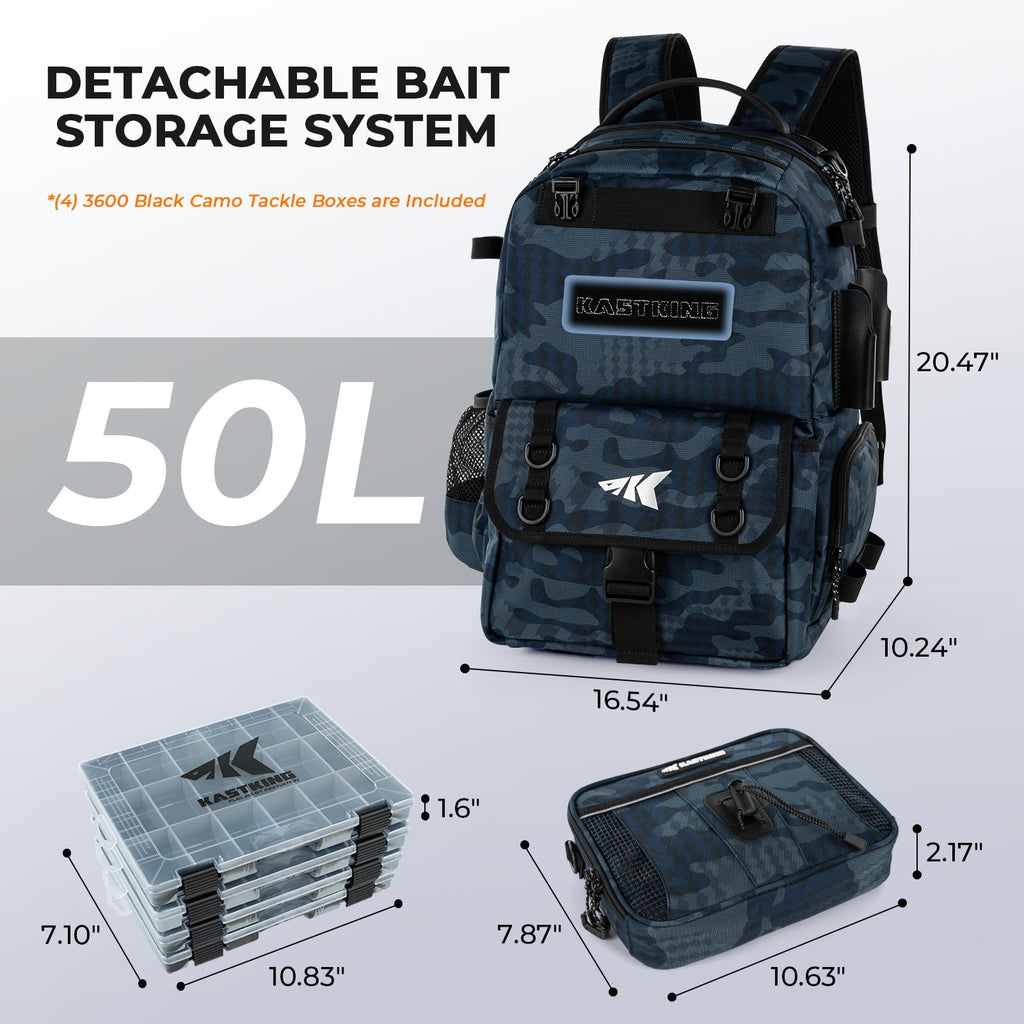 KastKing BaitSpace Mochila de Pesca 50L | Sistema Intercambiable, 2 Soportes para Cañas