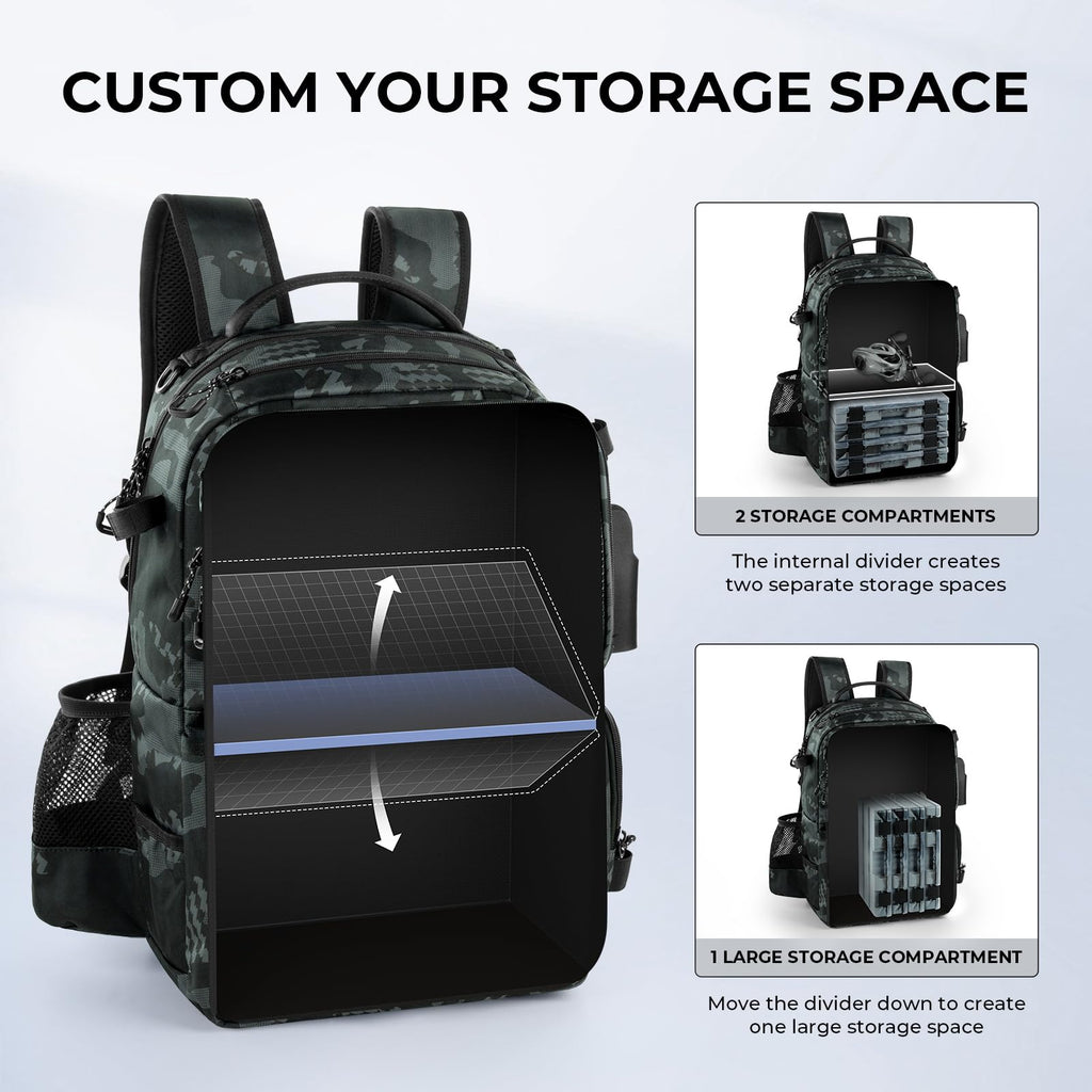 KastKing BaitSpace Mochila de Pesca 50L | Sistema Intercambiable, 2 Soportes para Cañas