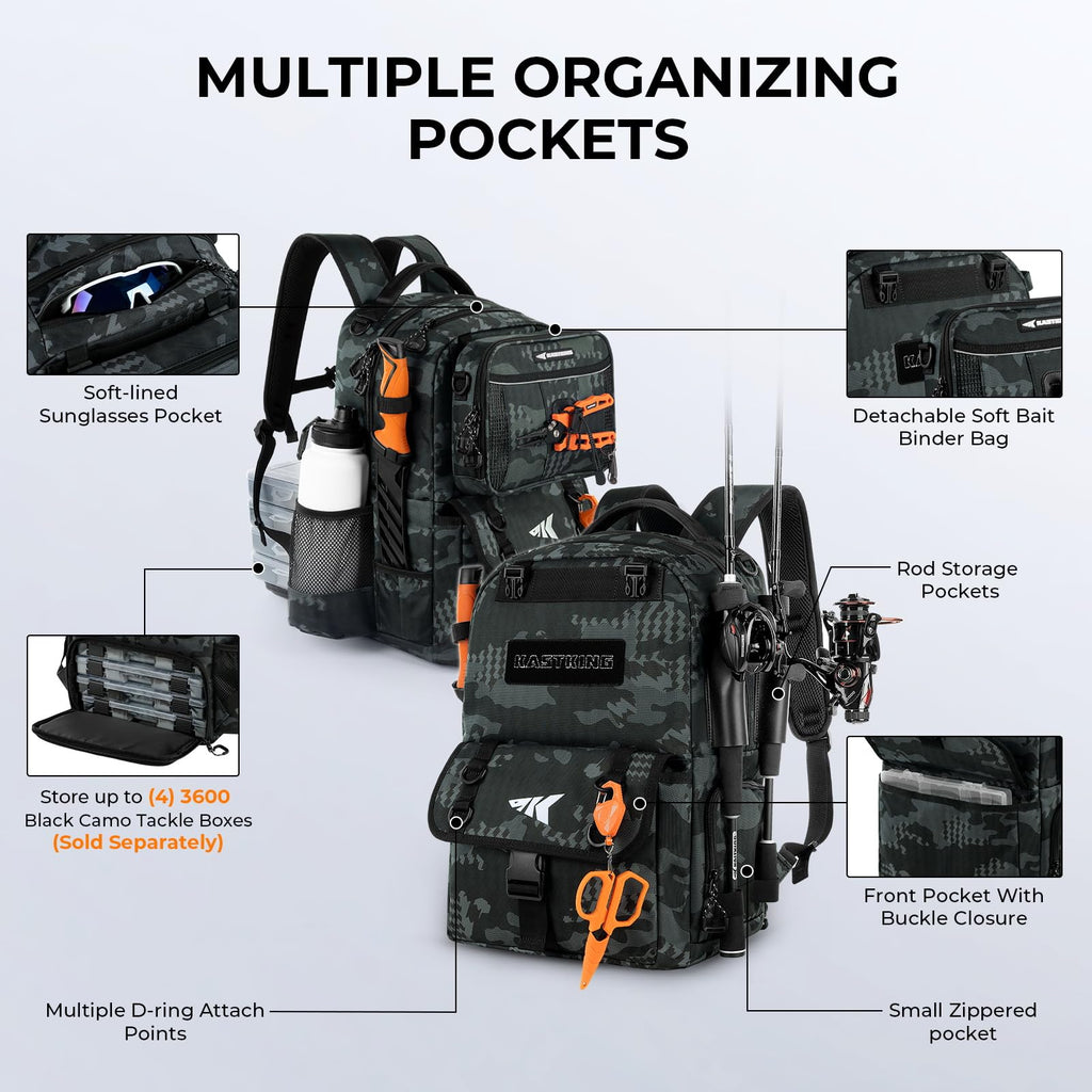 KastKing BaitSpace Mochila de Pesca 50L | Sistema Intercambiable, 2 Soportes para Cañas
