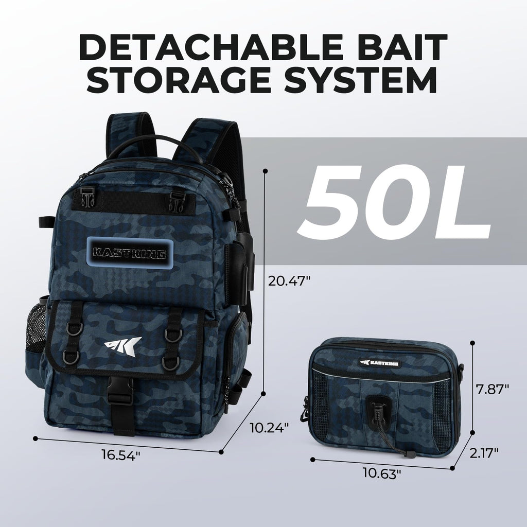 KastKing BaitSpace Mochila de Pesca 50L | Sistema Intercambiable, 2 Soportes para Cañas