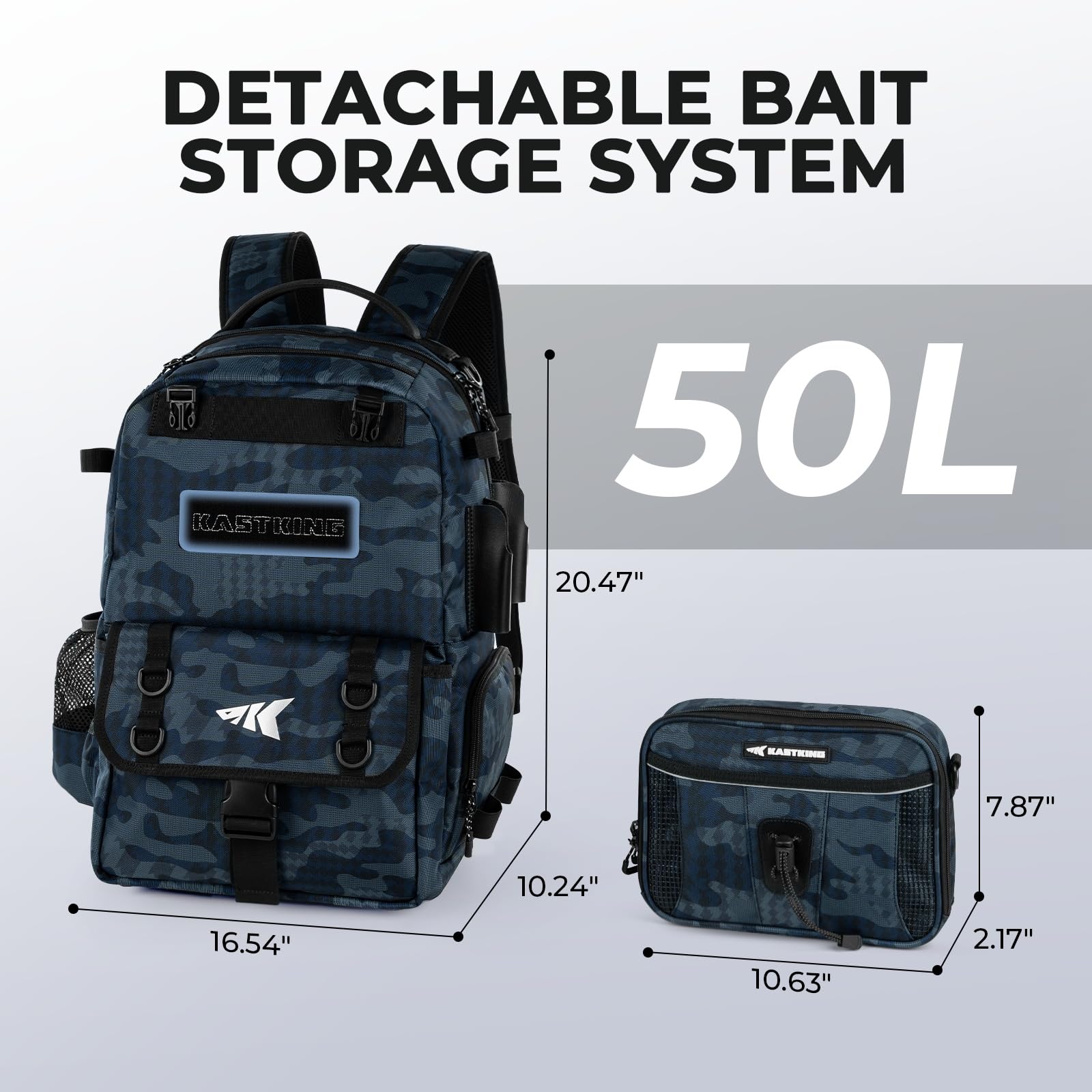 KastKing BaitSpace Mochila de Pesca 50L | Sistema Intercambiable, 2 Soportes para Cañas